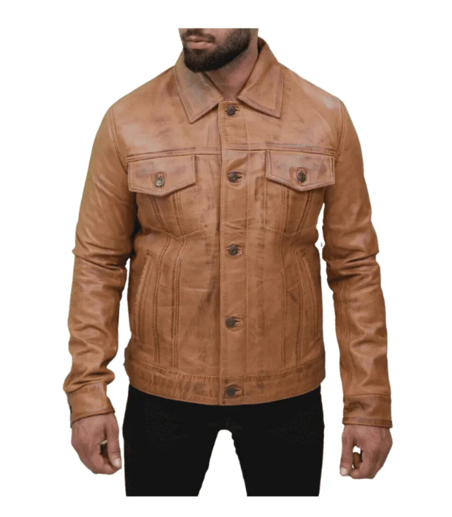 Tan Leather Trucker Jacket Genuine Nappa Sheepskin