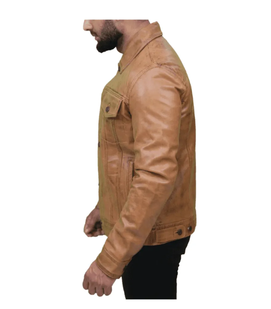 Tan Leather Trucker Jacket Genuine Nappa Sheepskin