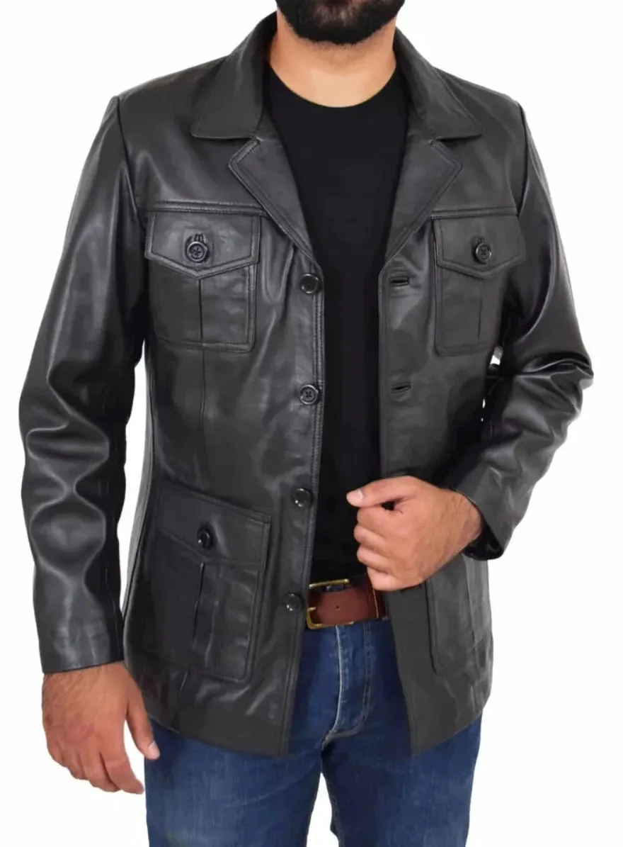 Trucker style leather jacket | Black