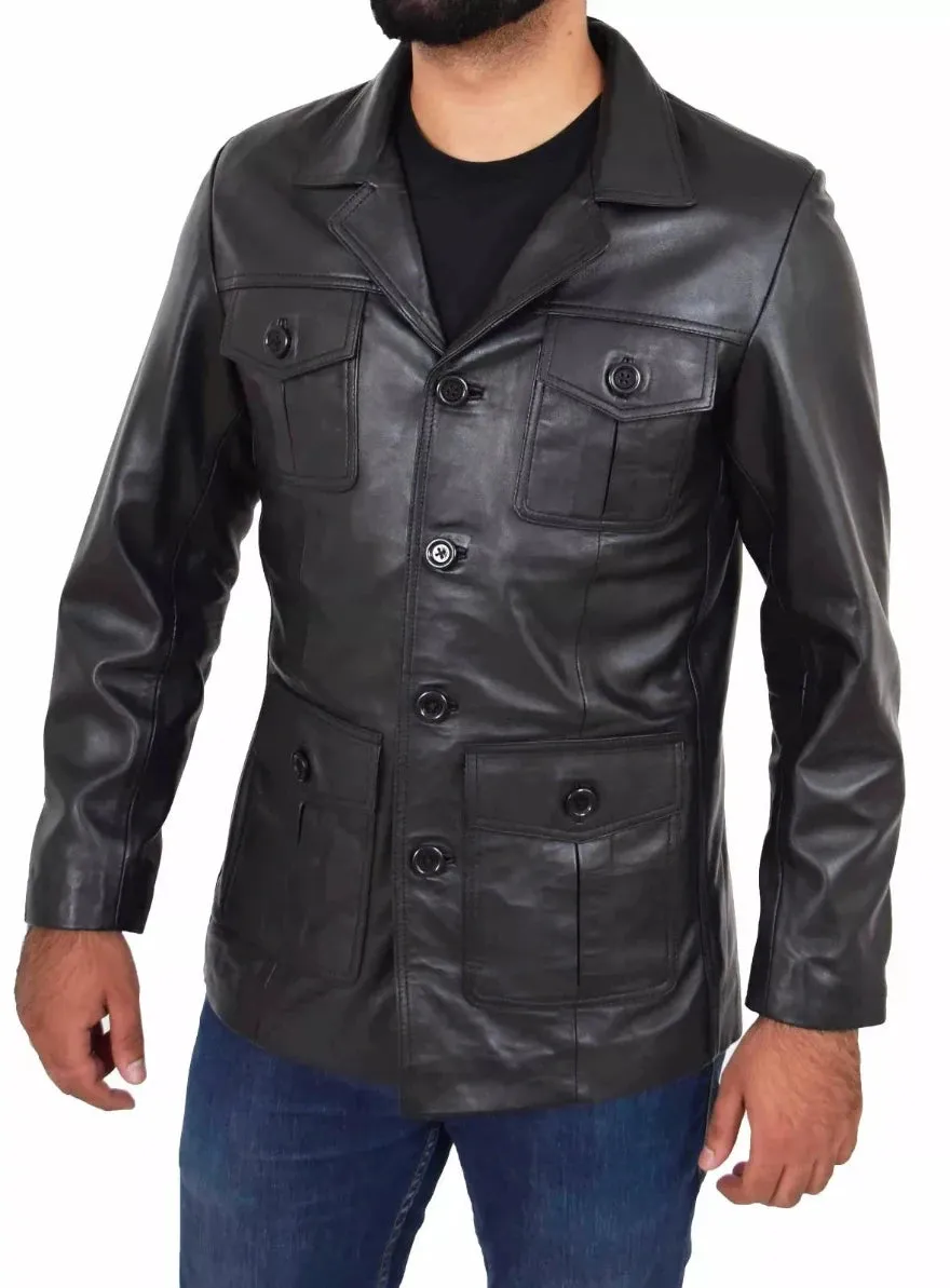 Trucker style leather jacket | Black