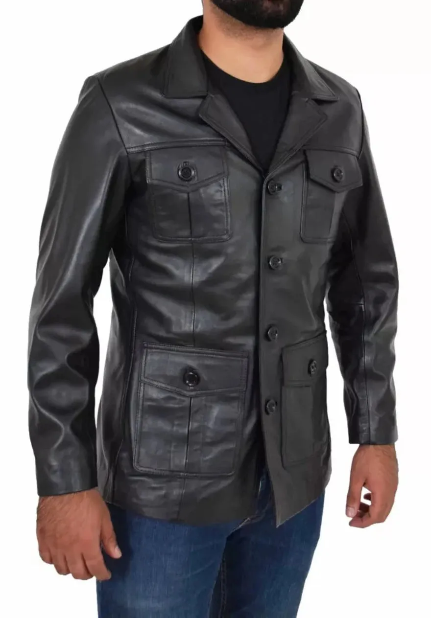 Trucker style leather jacket | Black