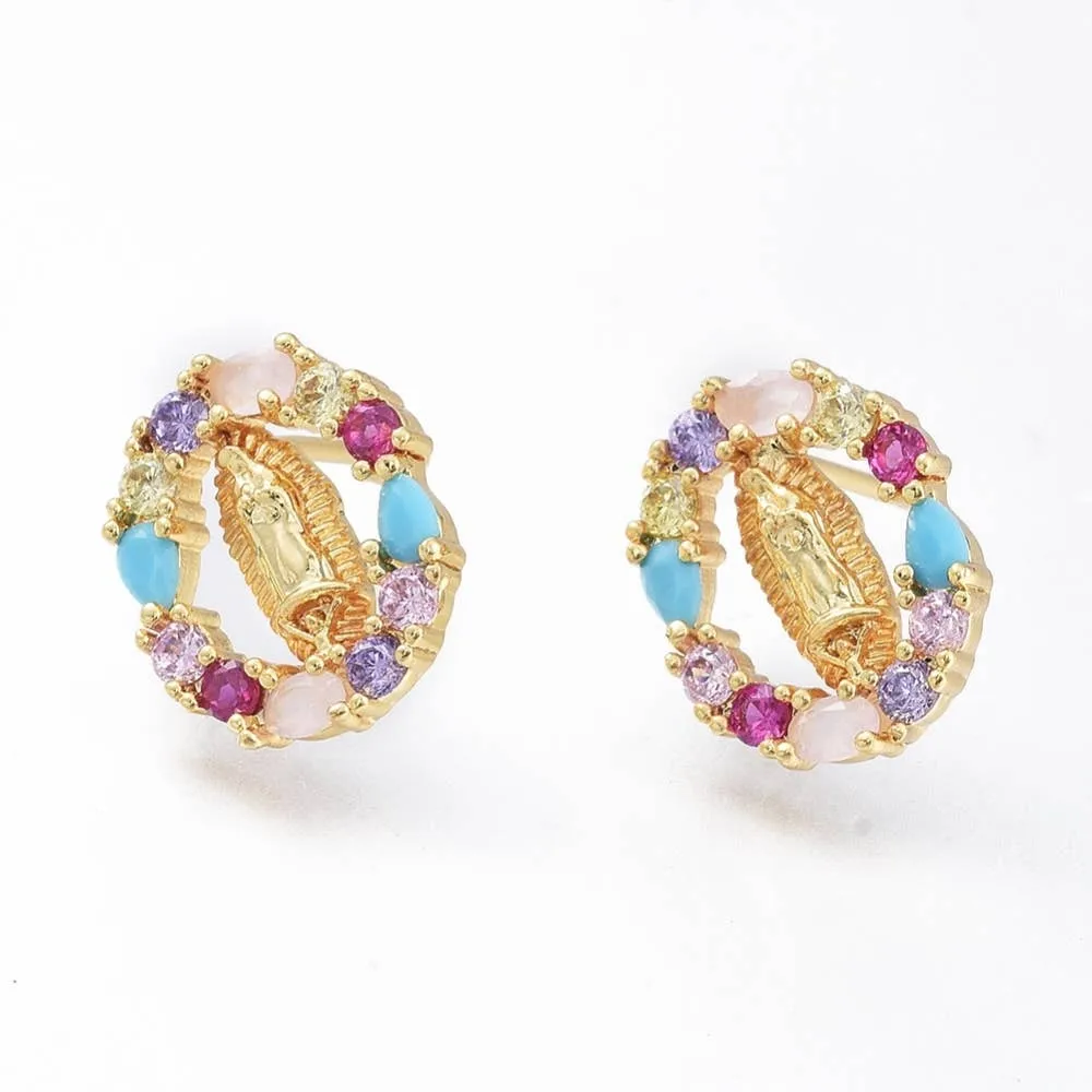 Virgin Mary Multi-Color Crystal Gold Earrings