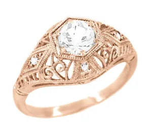 White Sapphire Filigree Scroll Dome Edwardian Engagement Ring in 14 Karat Rose Gold