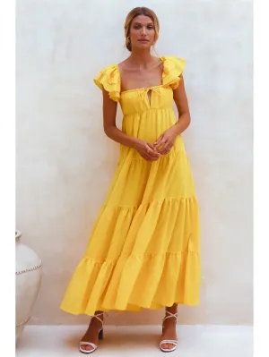Yellow Linen Square Neck Maxi Dress