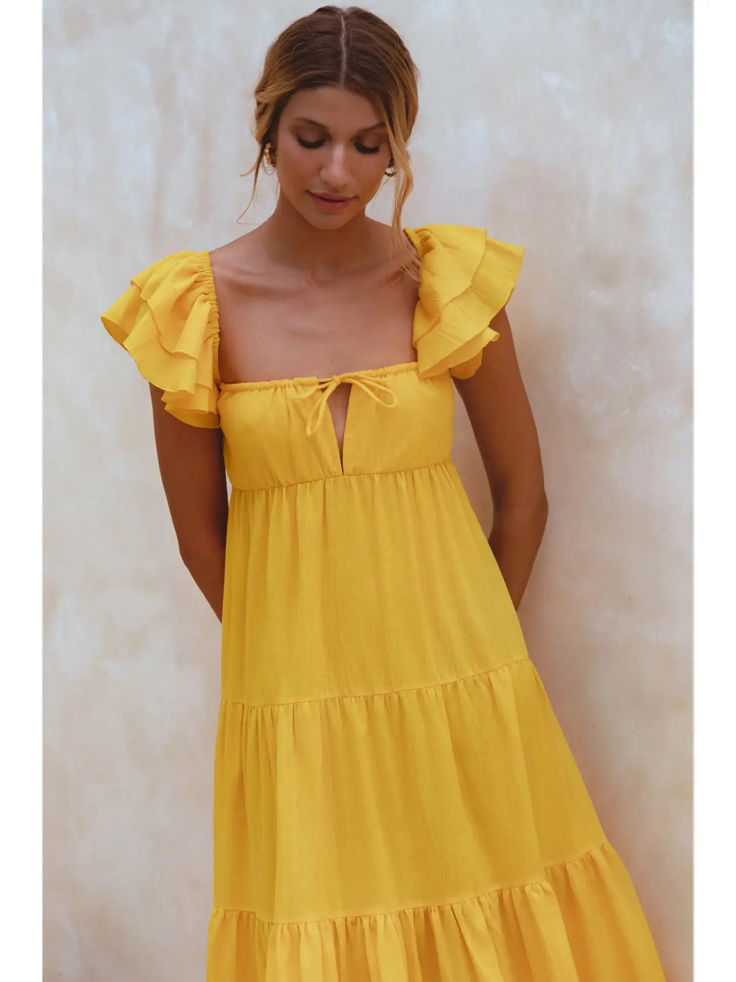 Yellow Linen Square Neck Maxi Dress