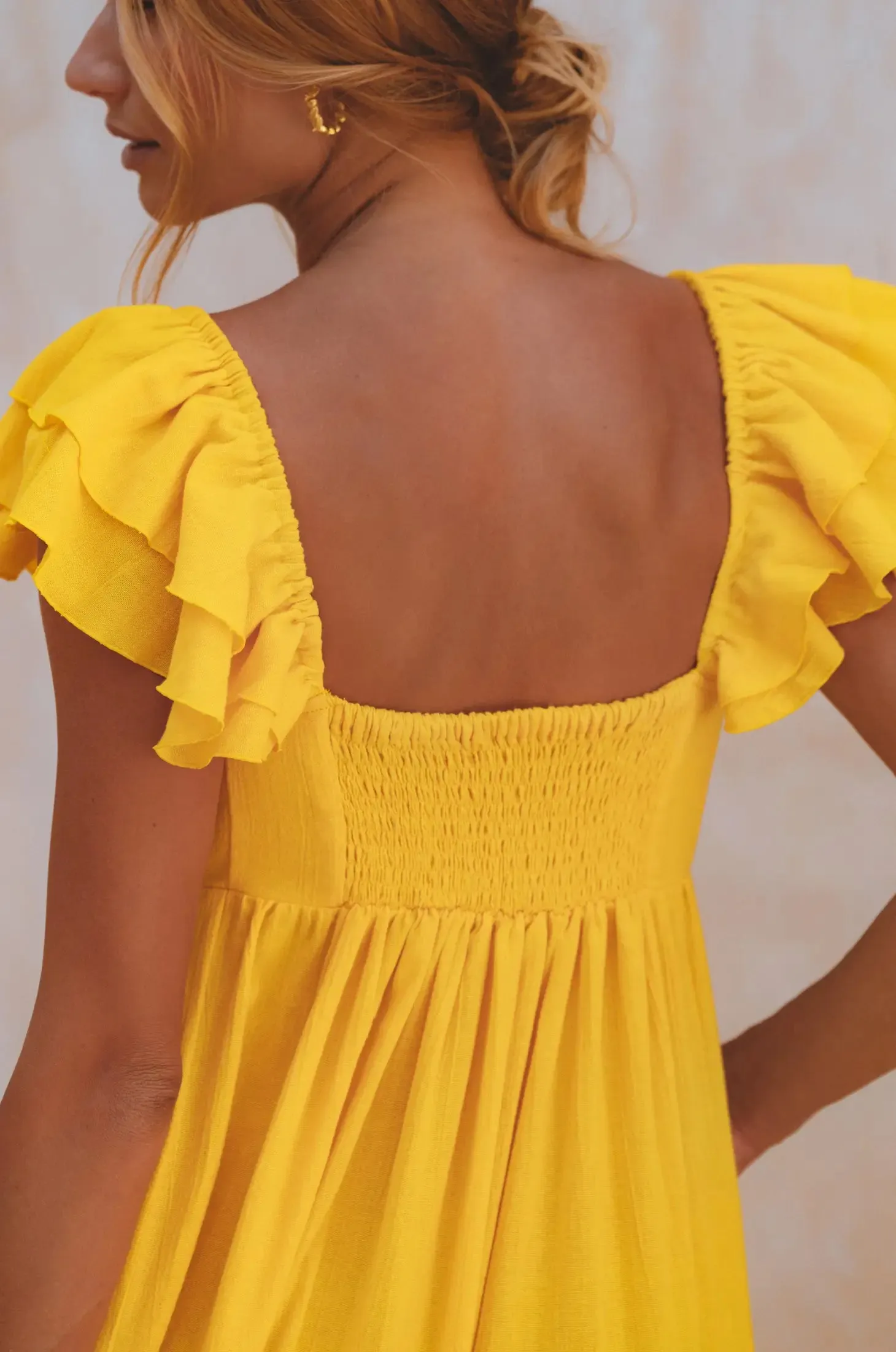 Yellow Linen Square Neck Maxi Dress