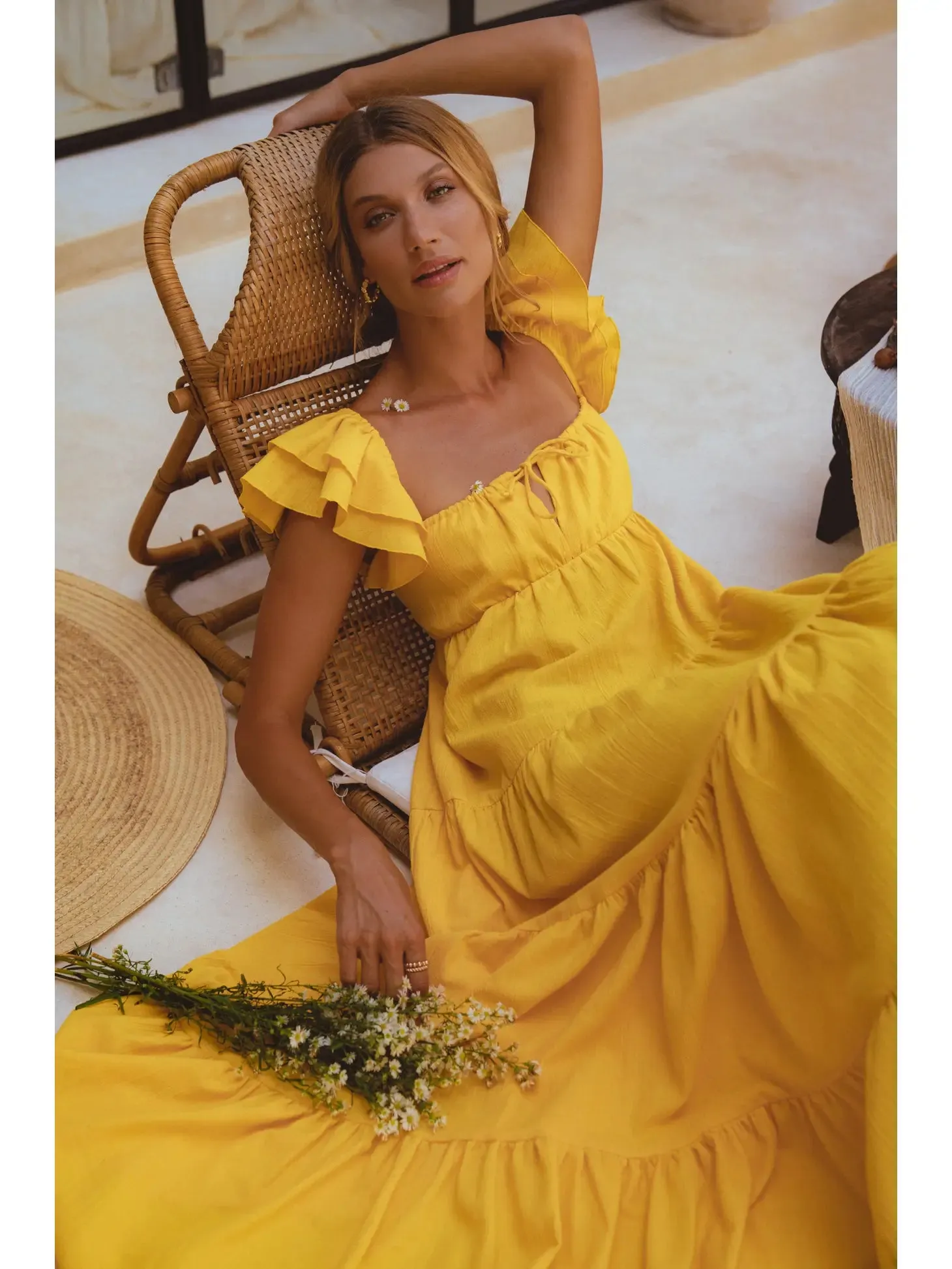 Yellow Linen Square Neck Maxi Dress